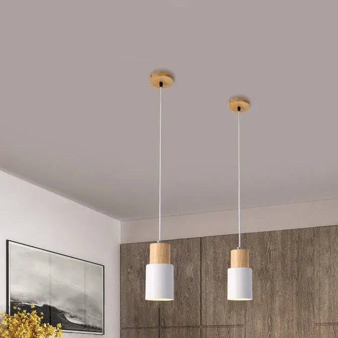 Modern Wood & Metal Cylinder Pendant Light | Nordic Macaron Design