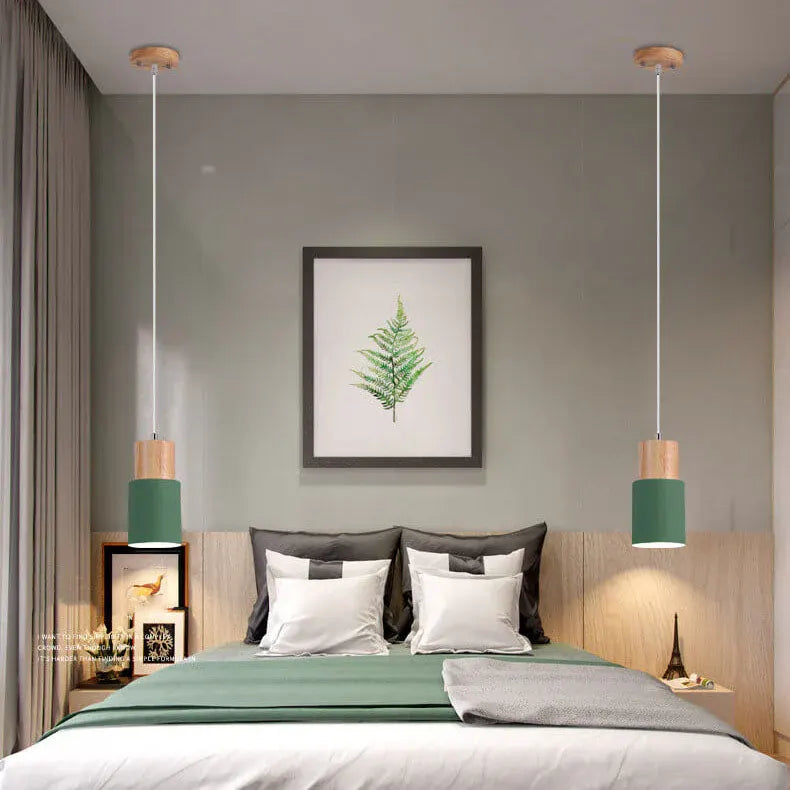 Modern Wood & Metal Cylinder Pendant Light | Nordic Macaron Design