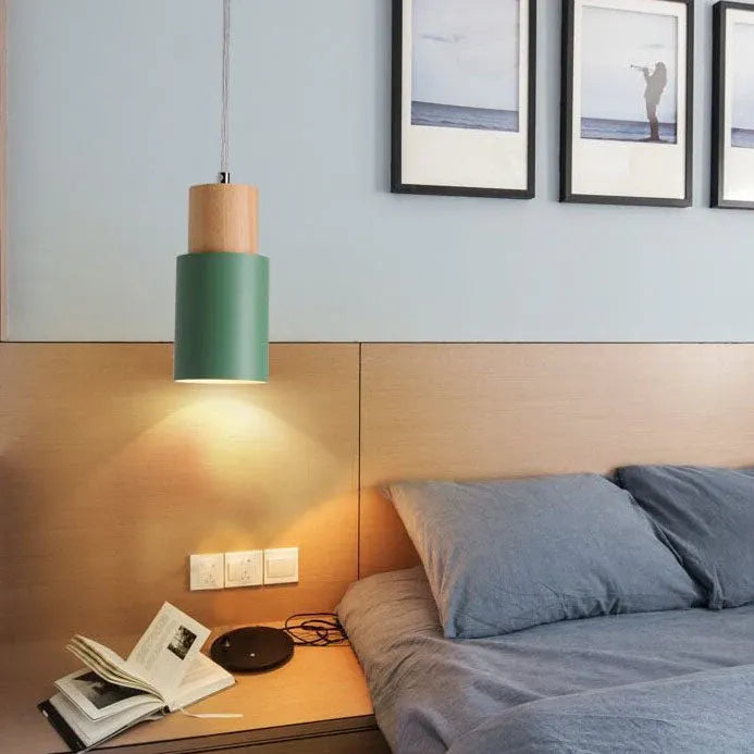 Modern Wood & Metal Cylinder Pendant Light | Nordic Macaron Design