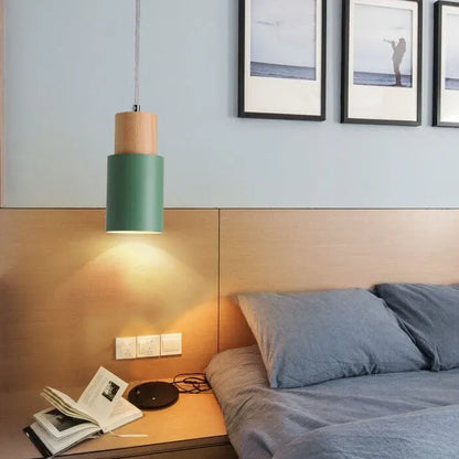 Modern Wood & Metal Cylinder Pendant Light | Nordic Macaron Design