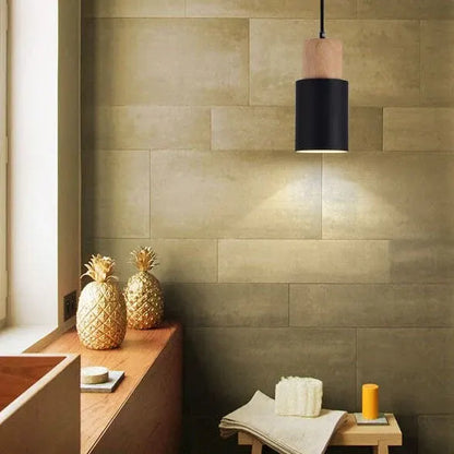 Modern Wood & Metal Cylinder Pendant Light | Nordic Macaron Design