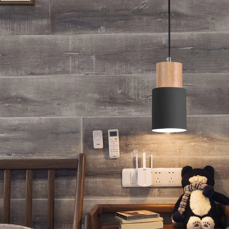 Modern Wood & Metal Cylinder Pendant Light | Nordic Macaron Design
