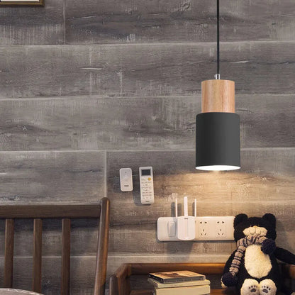 Modern Wood & Metal Cylinder Pendant Light | Nordic Macaron Design