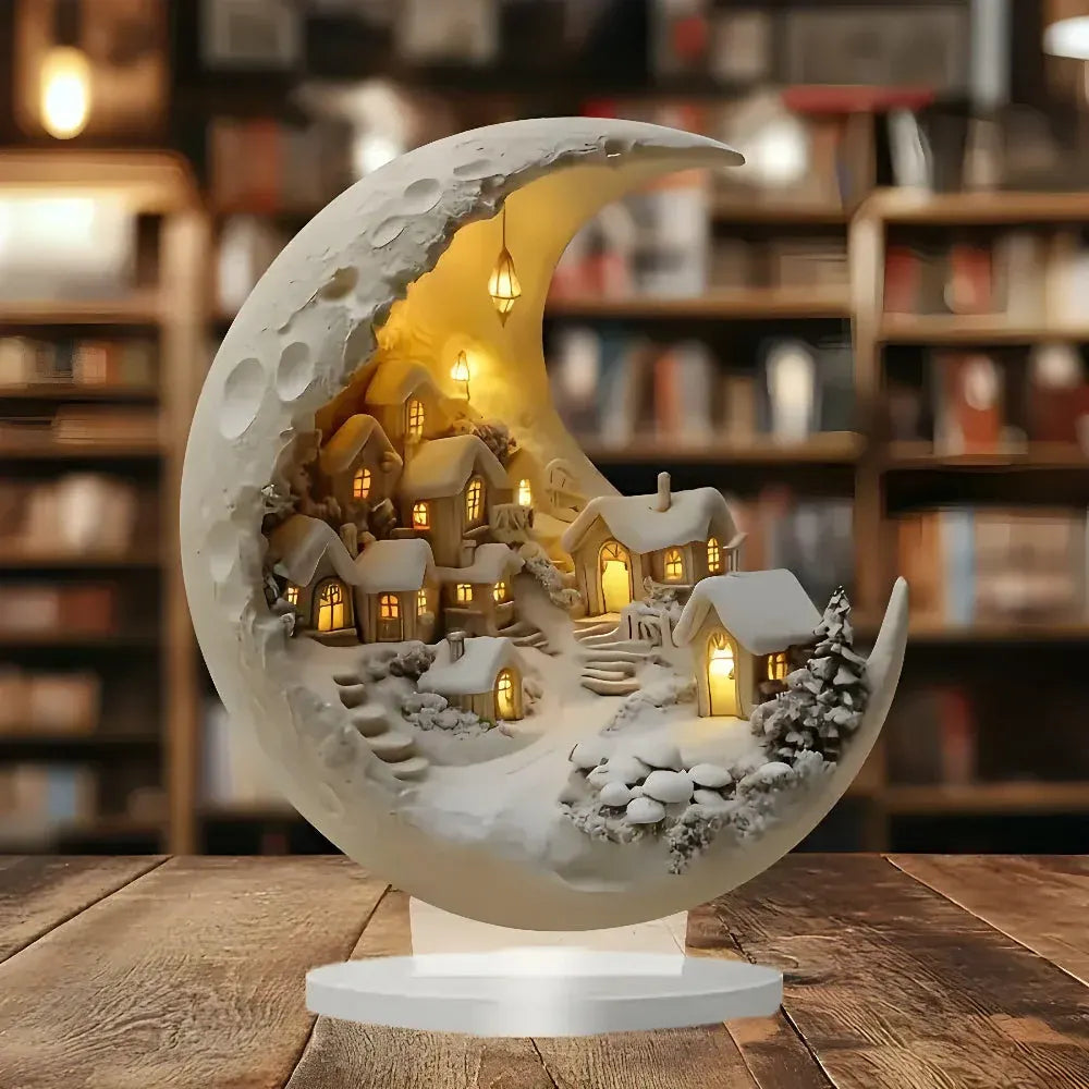 Moon-Lit Village Scene Acrylic Tabletop Accent Lamp