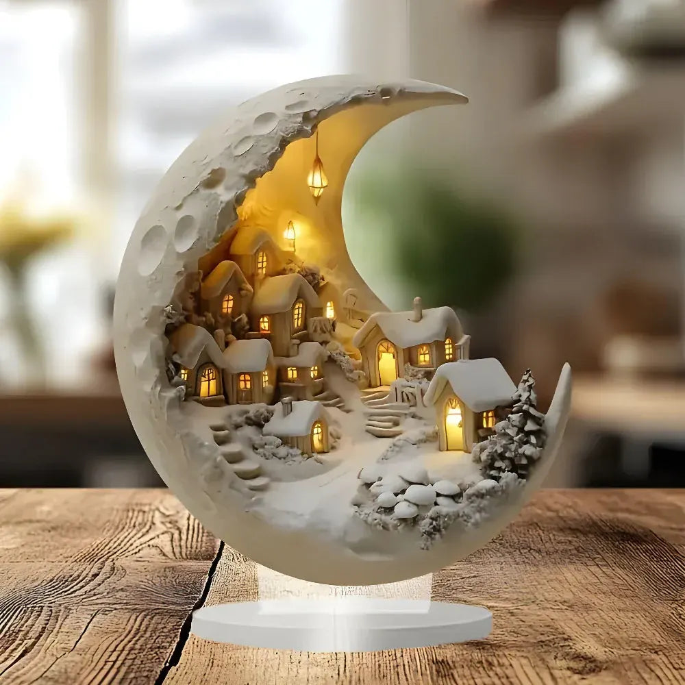 Moon-Lit Village Scene Acrylic Tabletop Accent Lamp