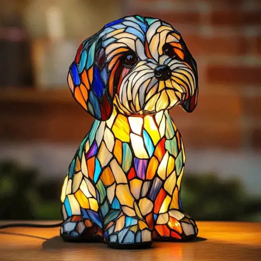 Mosaic Stained Glass Dog Animal Table Lamp for Bedroom