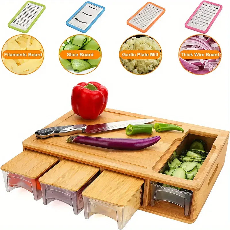 Multifunctional Bamboo Cutting Board with Storage Trays & Graters | Kitchen Prep Station