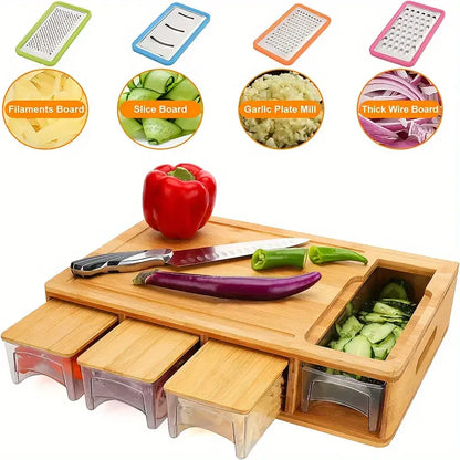 Multifunctional Bamboo Cutting Board with Storage Trays & Graters | Kitchen Prep Station