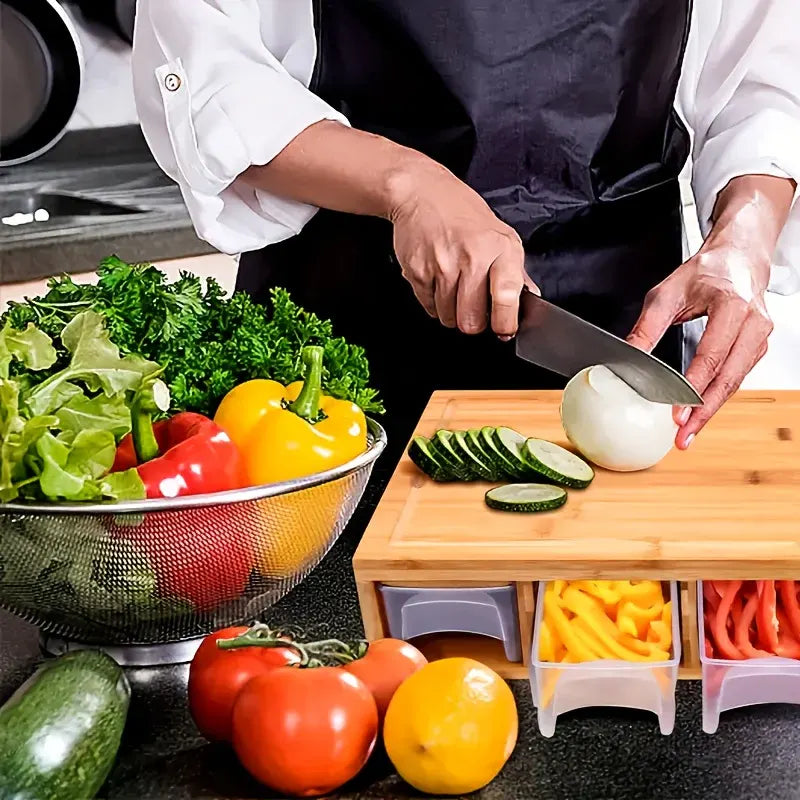 Multifunctional Bamboo Cutting Board with Storage Trays & Graters | Kitchen Prep Station