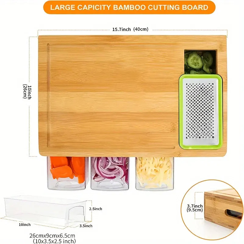 Multifunctional Bamboo Cutting Board with Storage Trays & Graters | Kitchen Prep Station