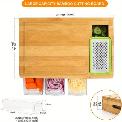 Multifunctional Bamboo Cutting Board with Storage Trays & Graters | Kitchen Prep Station