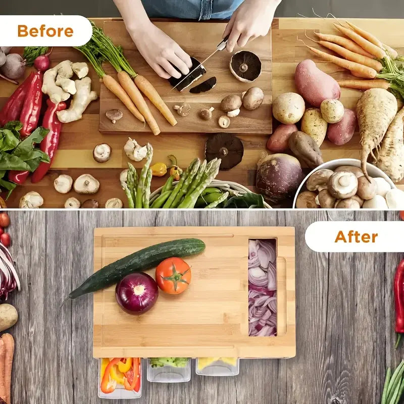 Multifunctional Bamboo Cutting Board with Storage Trays & Graters | Kitchen Prep Station