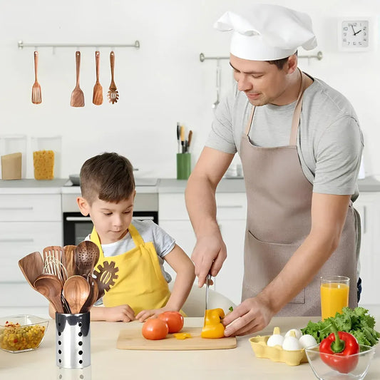 Natural Wood Kitchen Utensil Set with Cooking Spoons and Spatulas