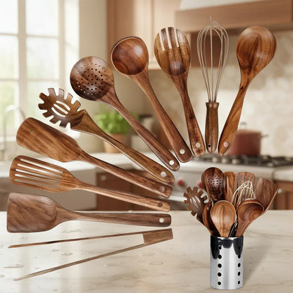 Natural Wood Kitchen Utensil Set with Cooking Spoons and Spatulas