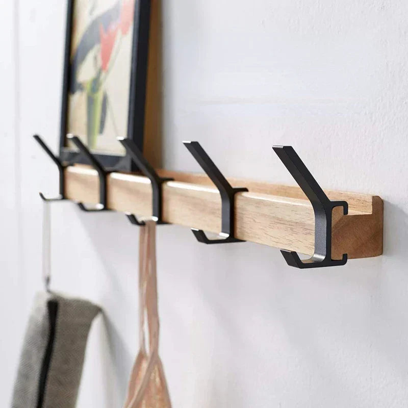 Nordic Adjustable Wall-Mounted Coat Rack with Dual Hooks in Black & Wood Finish