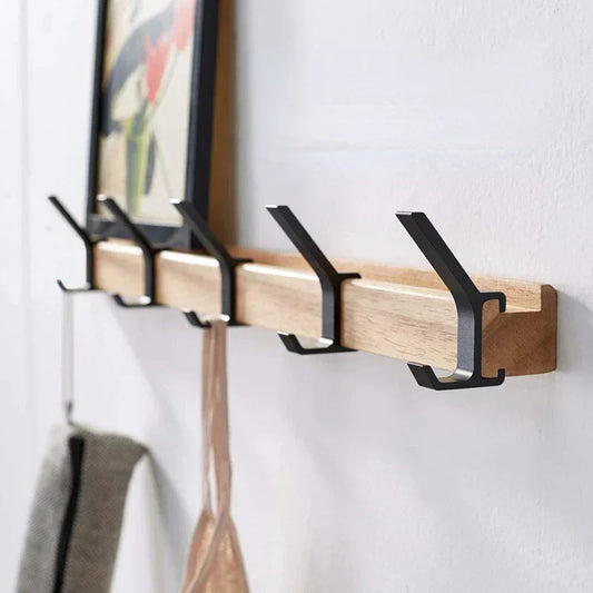 Nordic Adjustable Wall-Mounted Coat Rack with Dual Hooks in Black & Wood Finish