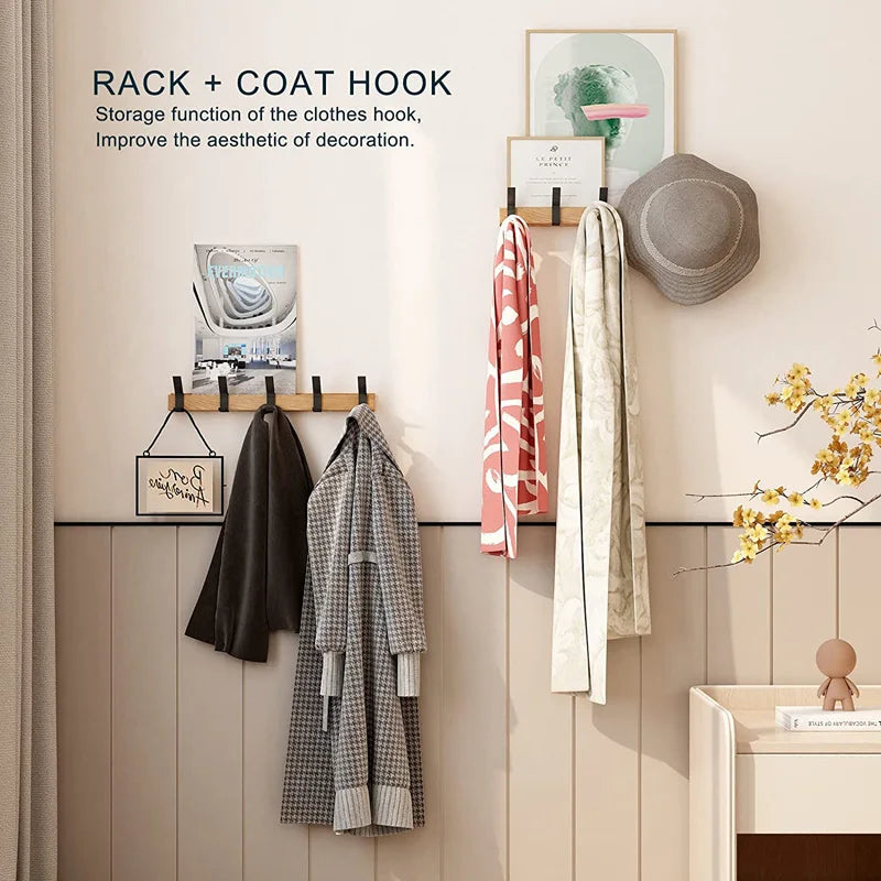 Nordic Adjustable Wall-Mounted Coat Rack with Dual Hooks in Black & Wood Finish