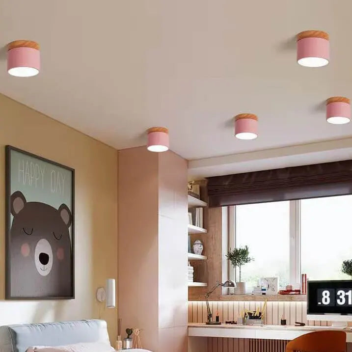 Nordic Macaron LED Flush Mount Ceiling Light with Wood Accent