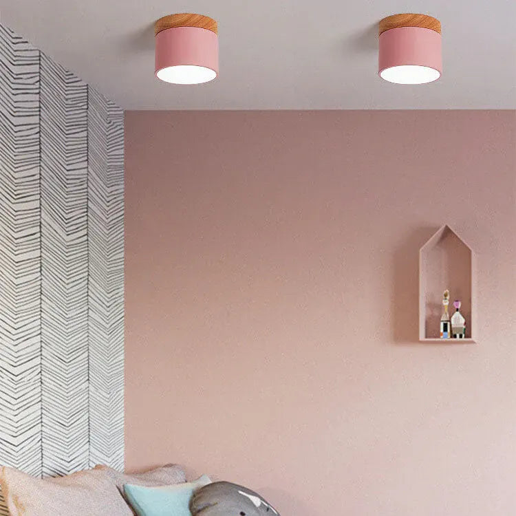 Nordic Macaron LED Flush Mount Ceiling Light with Wood Accent