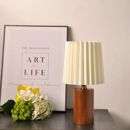 Nordic Wood Base Pleated Medieval-Style Table Lamp