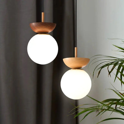 Nordic Wood-Finish Pendant Light with Modern Glass Globe Shade