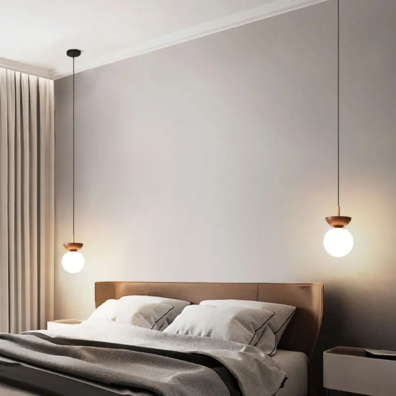 Nordic Wood-Finish Pendant Light with Modern Glass Globe Shade