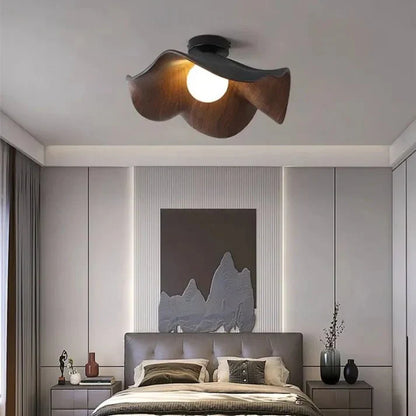 Nordic Wood Lotus Flush Mount Ceiling Light | Resin & Iron Modern Fixture