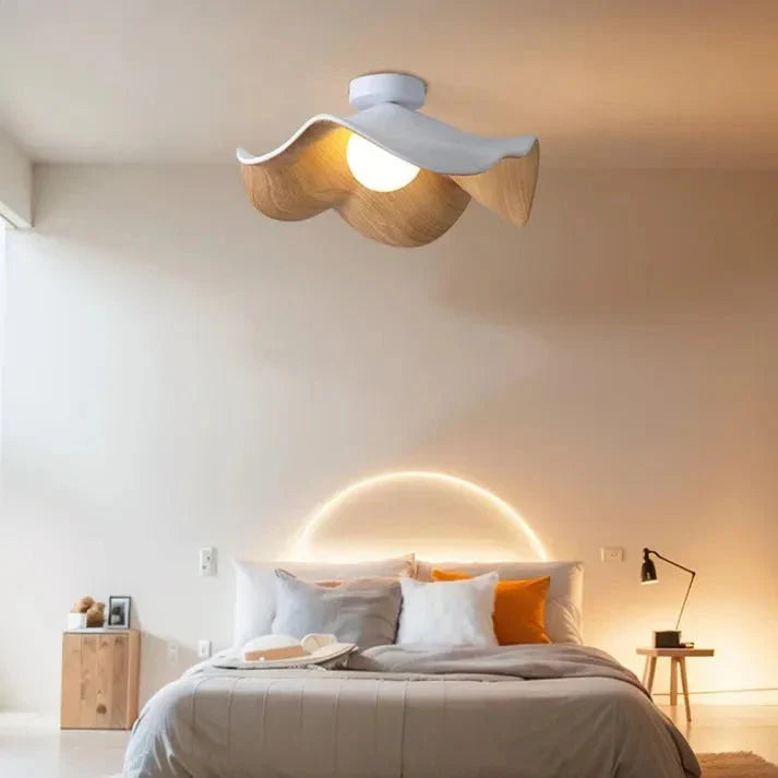 Nordic Wood Lotus Flush Mount Ceiling Light | Resin & Iron Modern Fixture