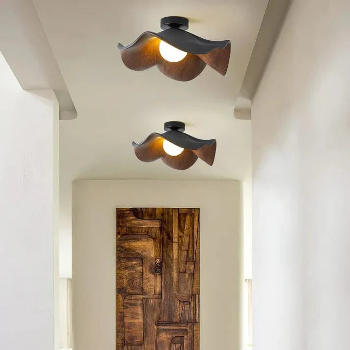 Nordic Wood Lotus Flush Mount Ceiling Light | Resin & Iron Modern Fixture