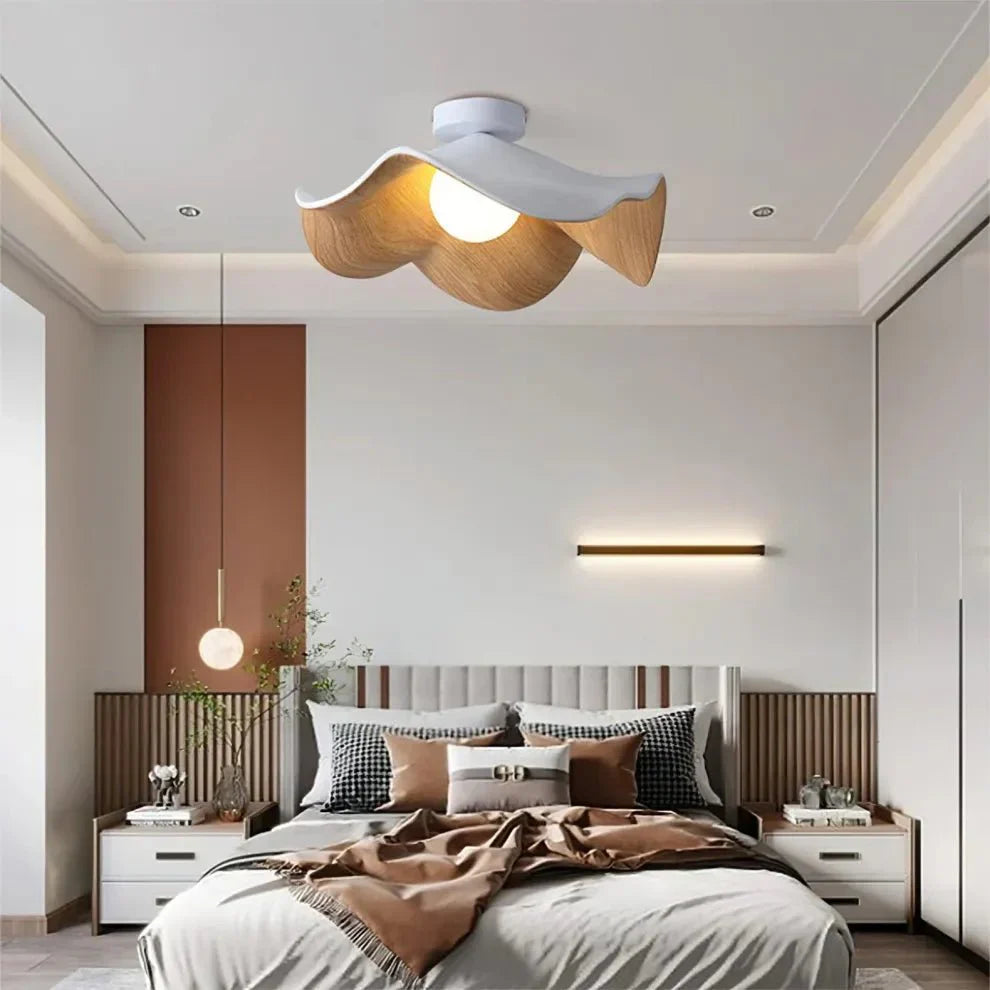 Nordic Wood Lotus Flush Mount Ceiling Light | Resin & Iron Modern Fixture
