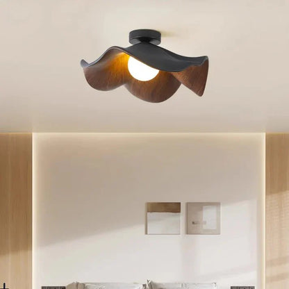 Nordic Wood Lotus Flush Mount Ceiling Light | Resin & Iron Modern Fixture