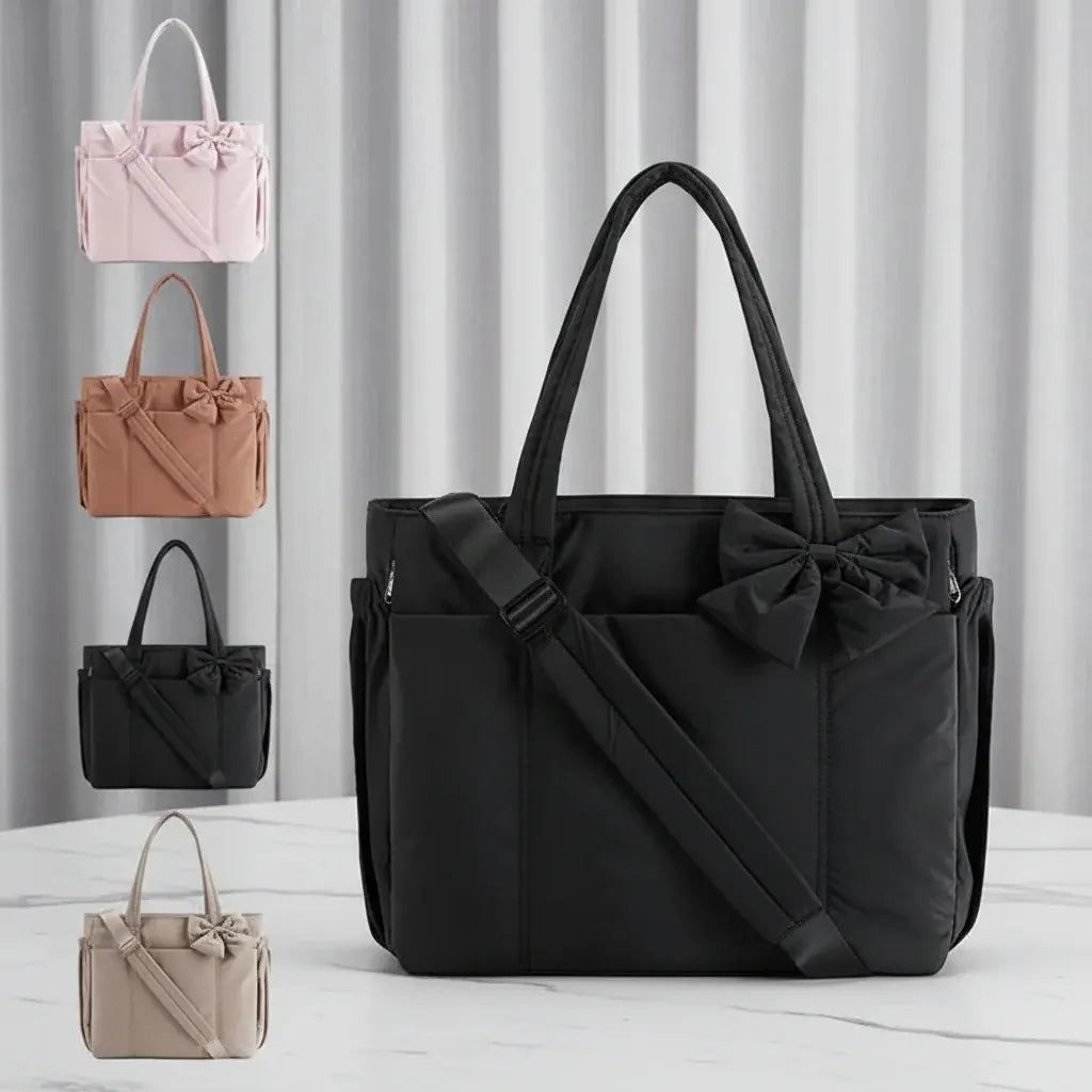 Nylon Shoulder Tote with Bow Detail for Women - Work & Travel Handbag