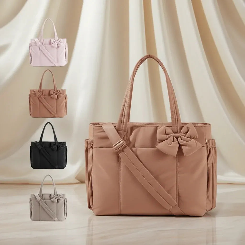 Nylon Shoulder Tote with Bow Detail for Women - Work & Travel Handbag