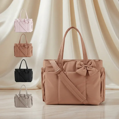 Nylon Shoulder Tote with Bow Detail for Women - Work & Travel Handbag
