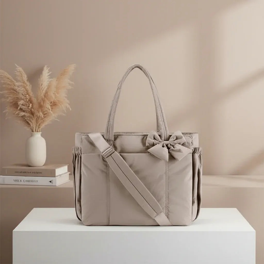 Nylon Shoulder Tote with Bow Detail for Women - Work & Travel Handbag