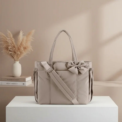 Nylon Shoulder Tote with Bow Detail for Women - Work & Travel Handbag