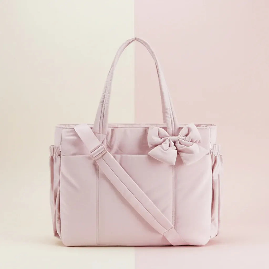Nylon Shoulder Tote with Bow Detail for Women - Work & Travel Handbag