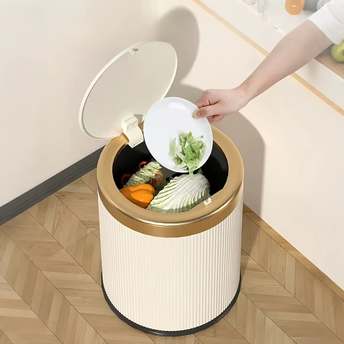 Oval Luxury Trash Can with Press-Top Lid and Dual Inner Bucket Design