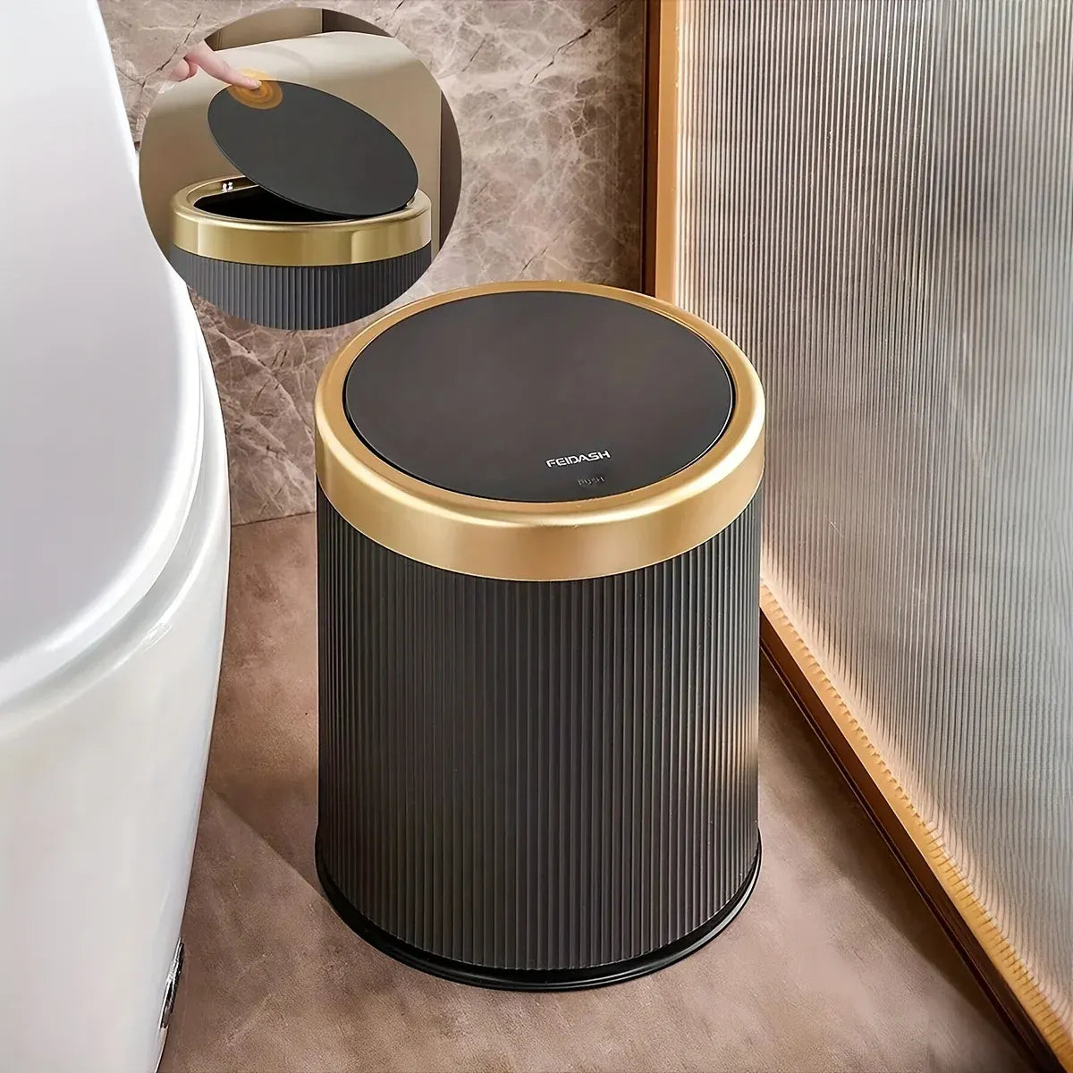 Oval Luxury Trash Can with Press-Top Lid and Dual Inner Bucket Design