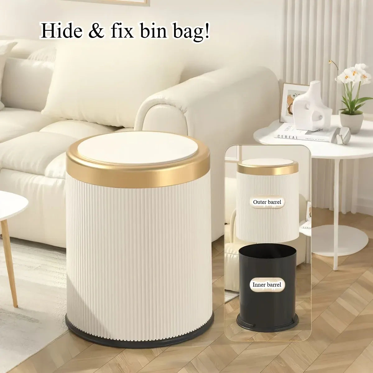Oval Luxury Trash Can with Press-Top Lid and Dual Inner Bucket Design
