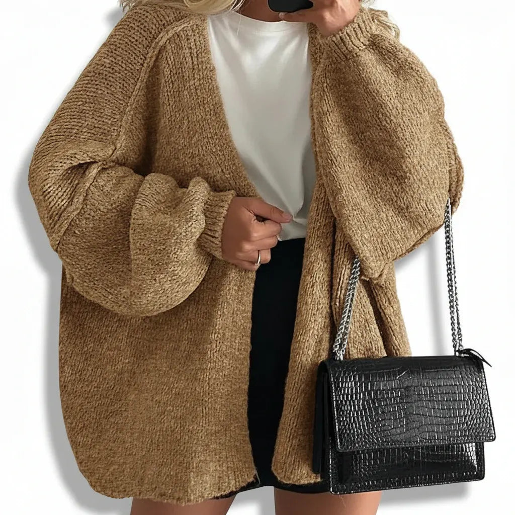Oversized Women's Open-Front Cardigan with Lantern Sleeve Design