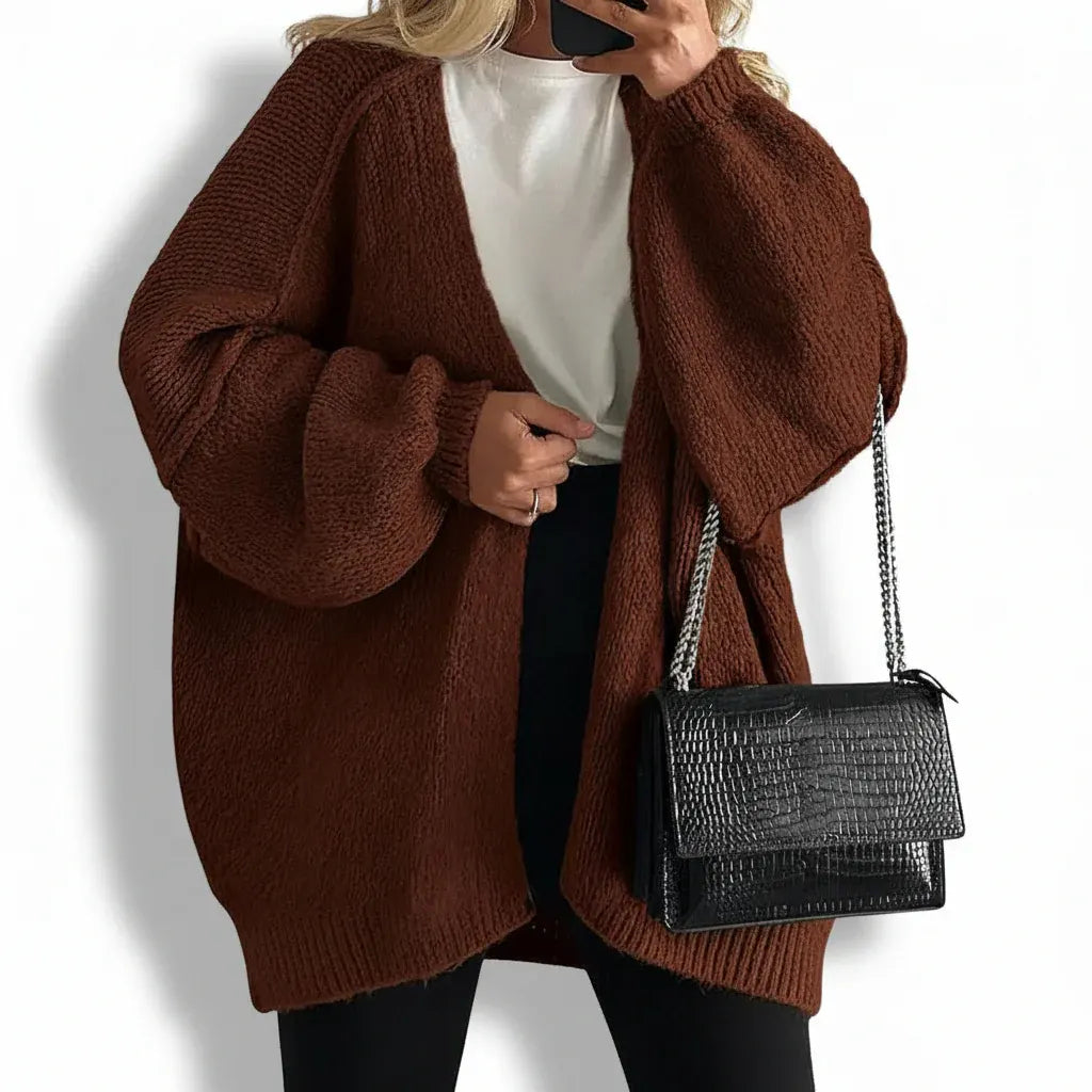 Oversized Women's Open-Front Cardigan with Lantern Sleeve Design