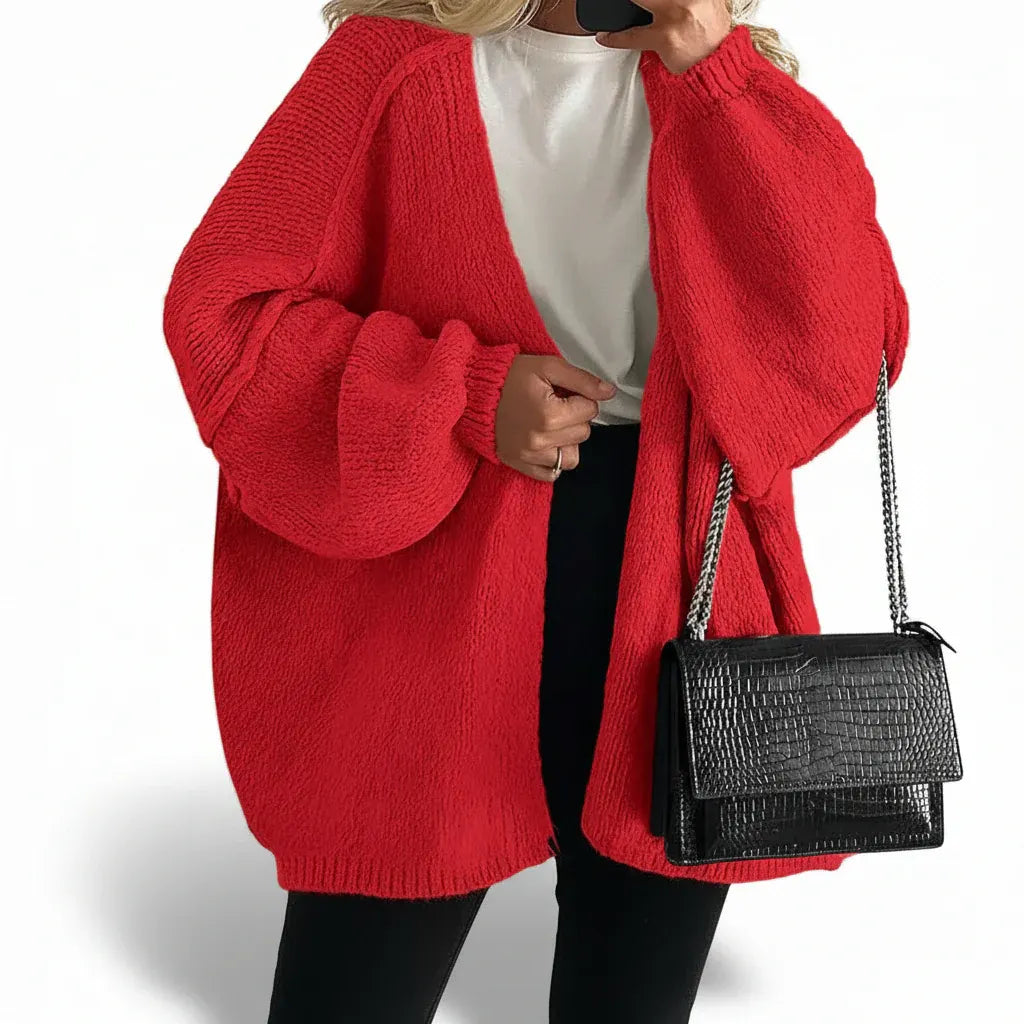 Oversized Women's Open-Front Cardigan with Lantern Sleeve Design