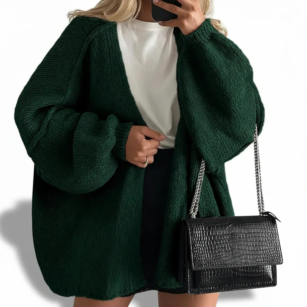 Oversized Women's Open-Front Cardigan with Lantern Sleeve Design