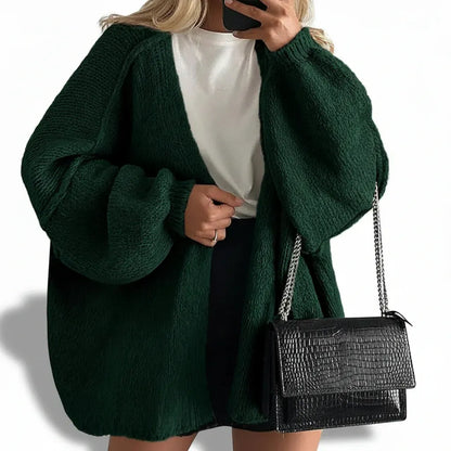 Oversized Women's Open-Front Cardigan with Lantern Sleeve Design