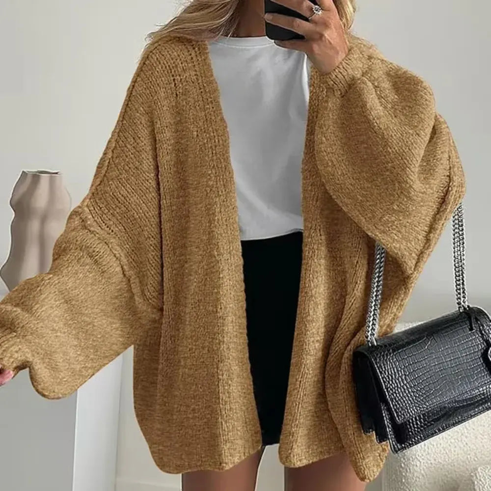 Oversized Women's Open-Front Cardigan with Lantern Sleeve Design