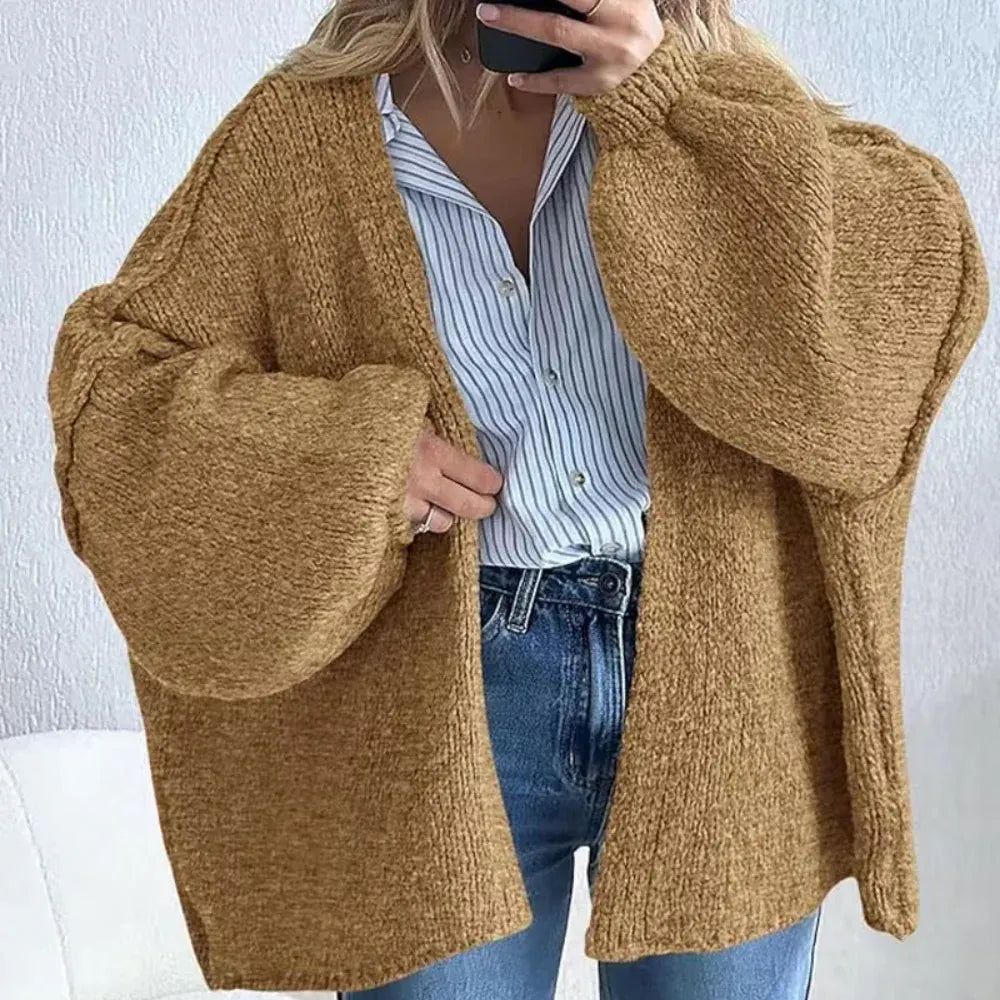 Oversized Women's Open-Front Cardigan with Lantern Sleeve Design