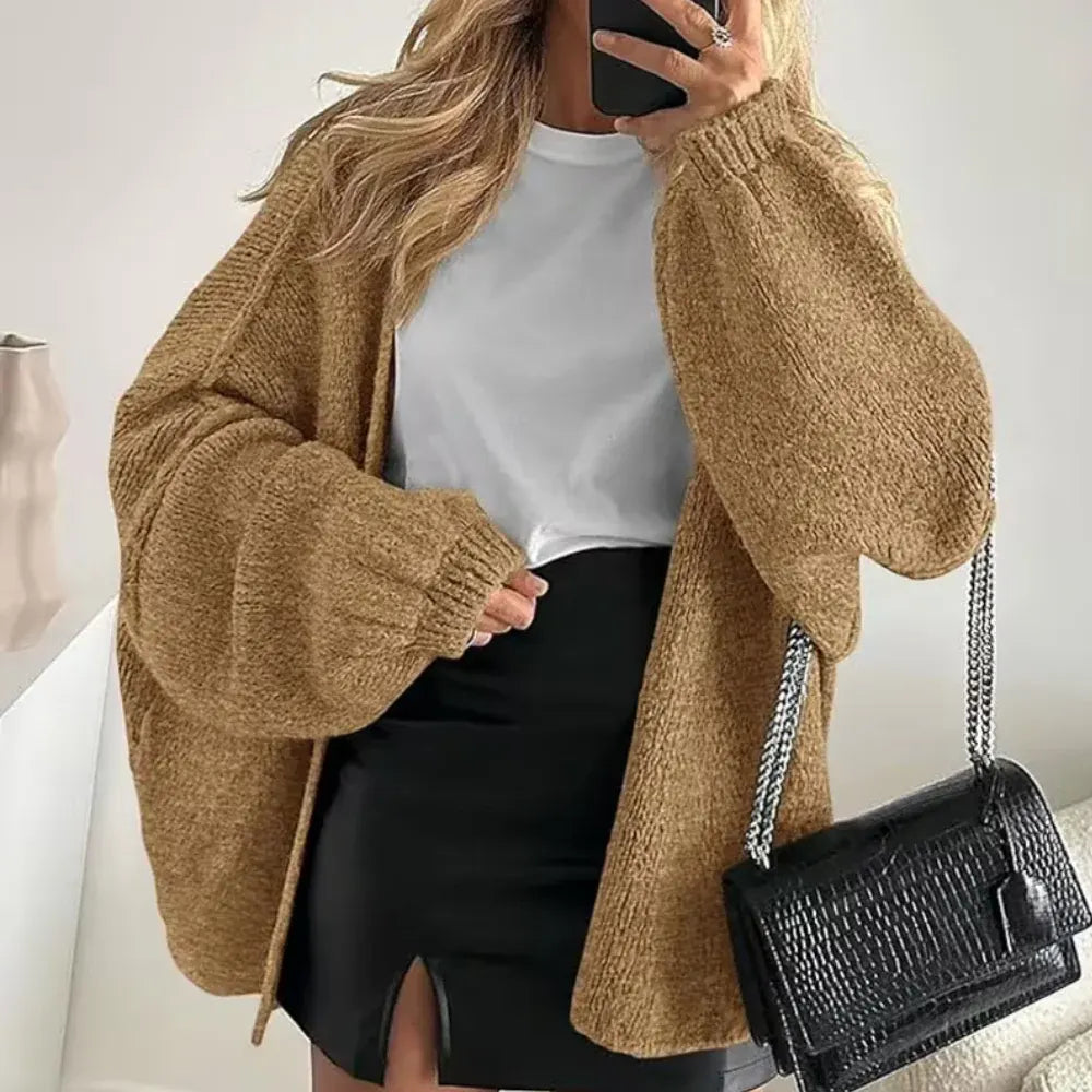 Oversized Women's Open-Front Cardigan with Lantern Sleeve Design