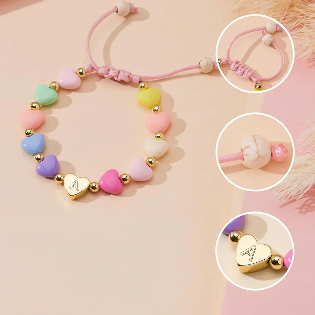 Personalized Adjustable Beaded Heart Initial Bracelet for Mother's Day Gift