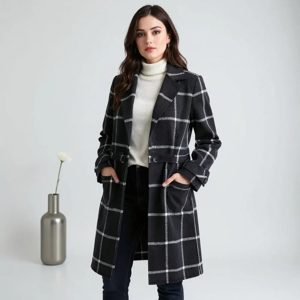 Plaid Long Winter Coat for Women – Warm Outerwear
